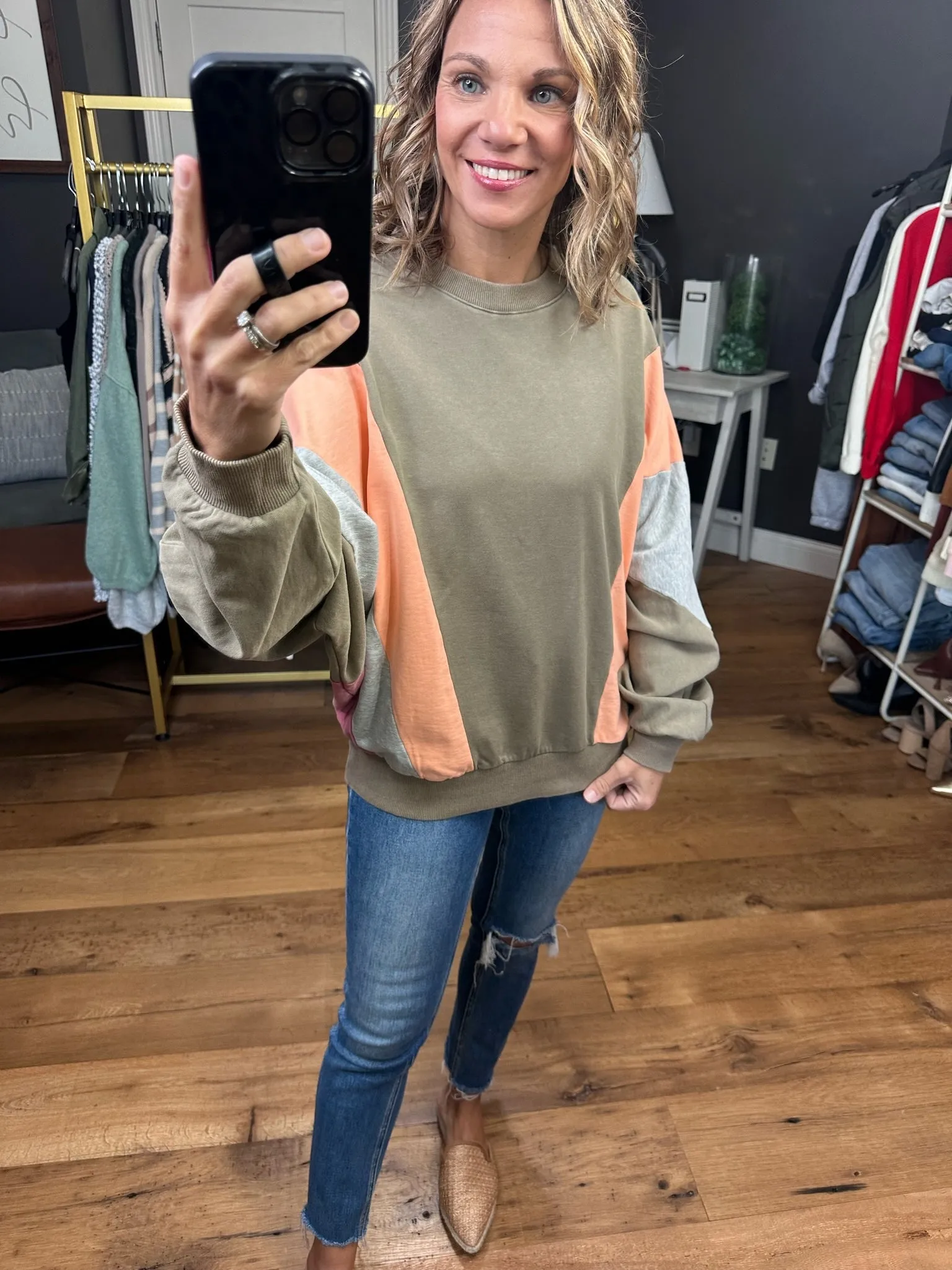 Speak The Truth Colorblock Crewneck Sweatshirt - Olive Grey