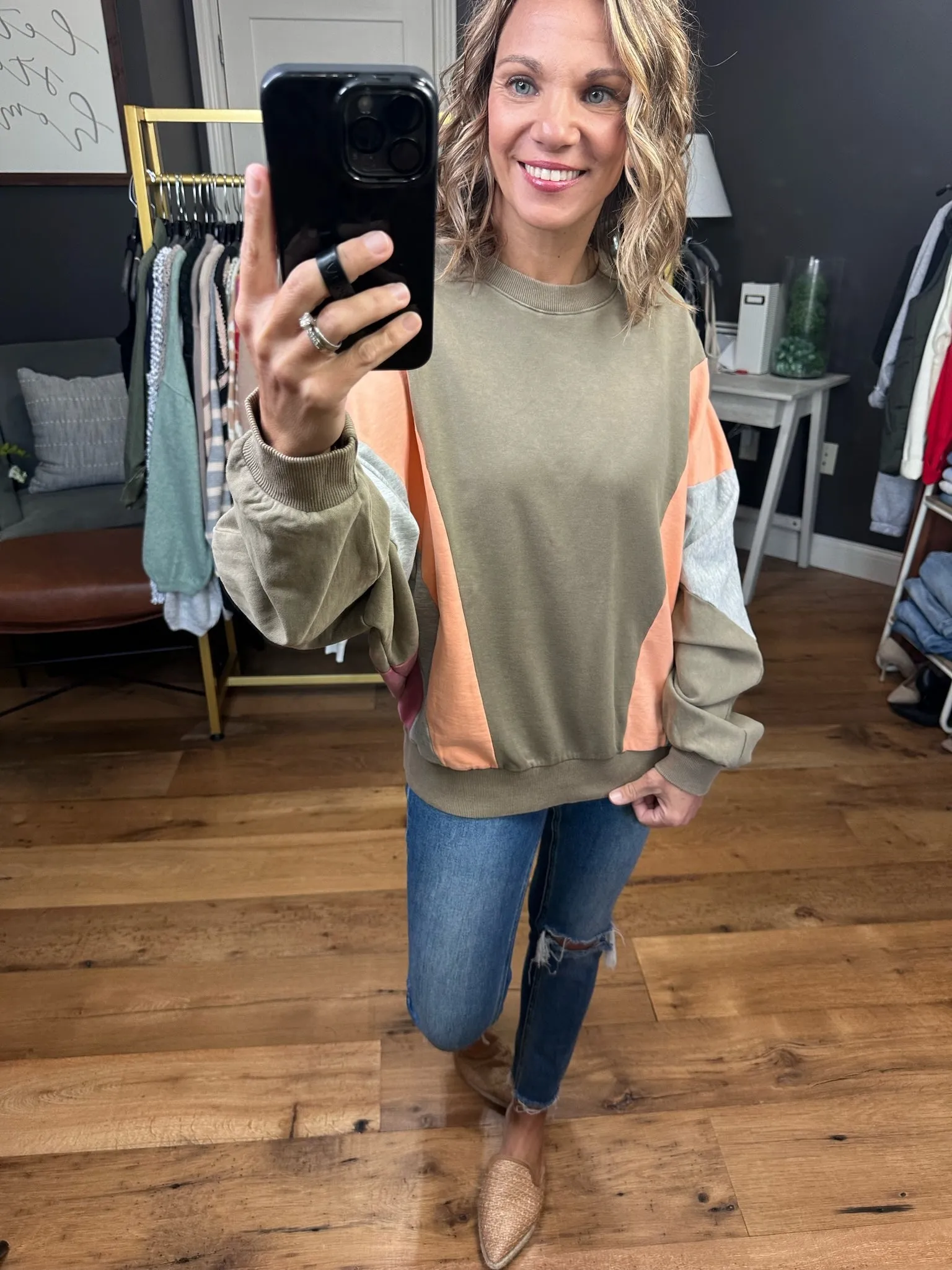Speak The Truth Colorblock Crewneck Sweatshirt - Olive Grey