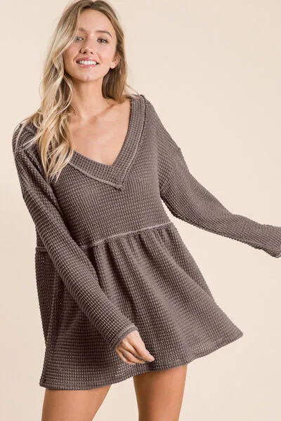 TEEK - Mocha Waffle Knit V-Neck Babydoll Blouse