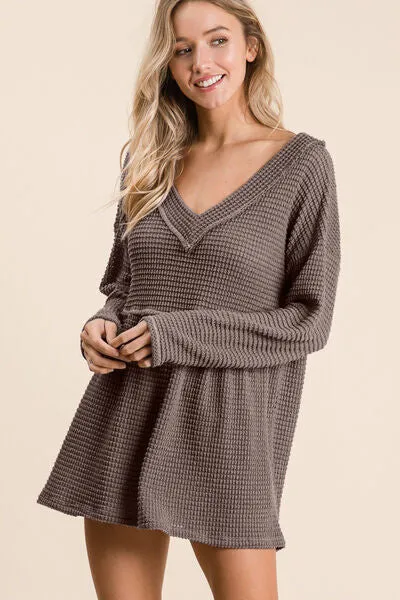 TEEK - Mocha Waffle Knit V-Neck Babydoll Blouse