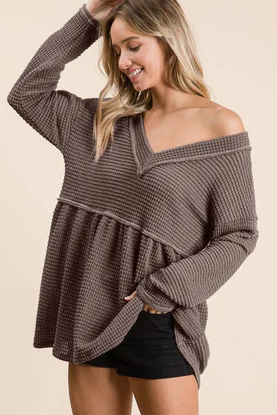 TEEK - Mocha Waffle Knit V-Neck Babydoll Blouse