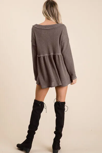TEEK - Mocha Waffle Knit V-Neck Babydoll Blouse