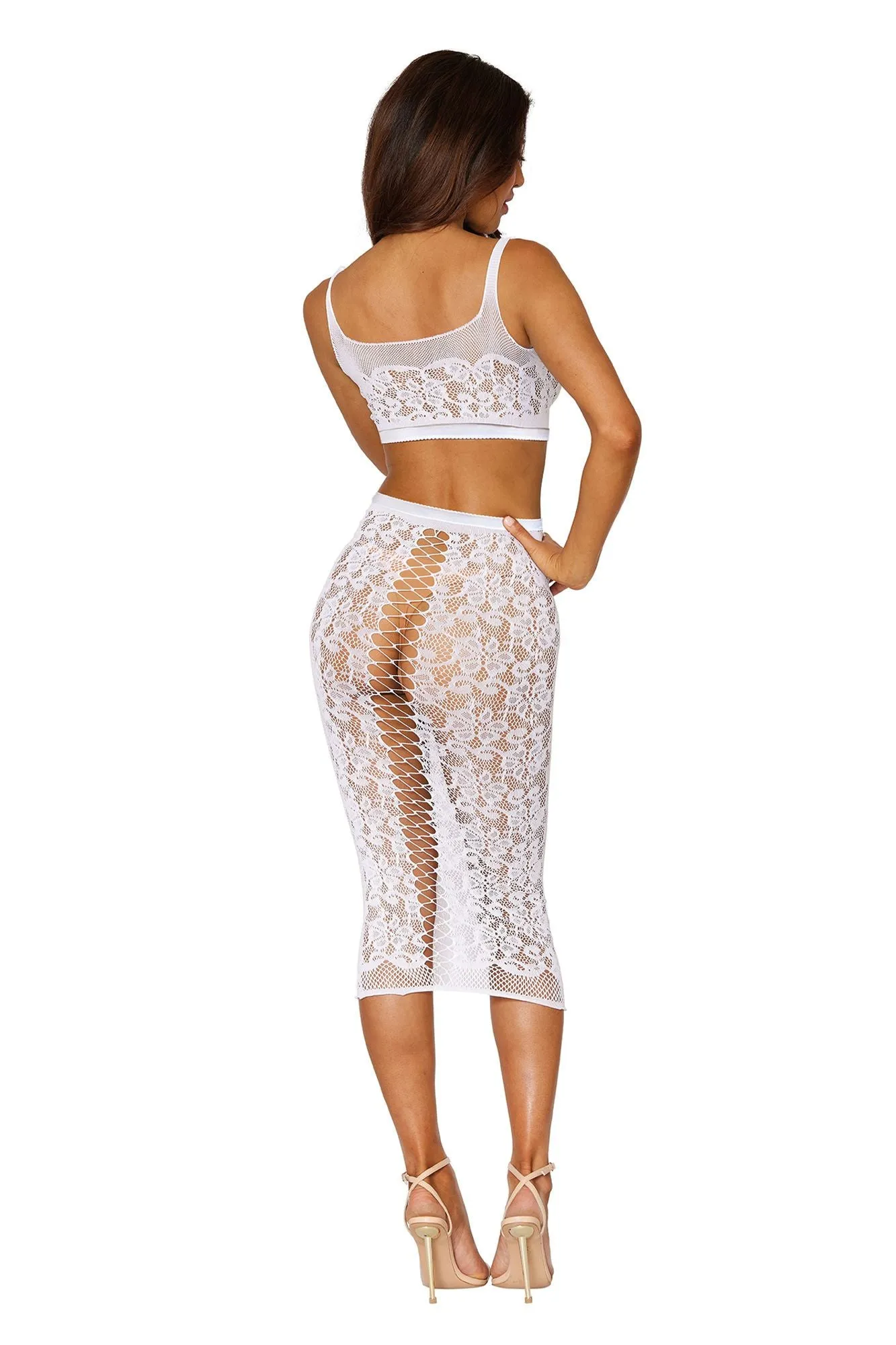 White Lace Bralette and Long Slip Skirt