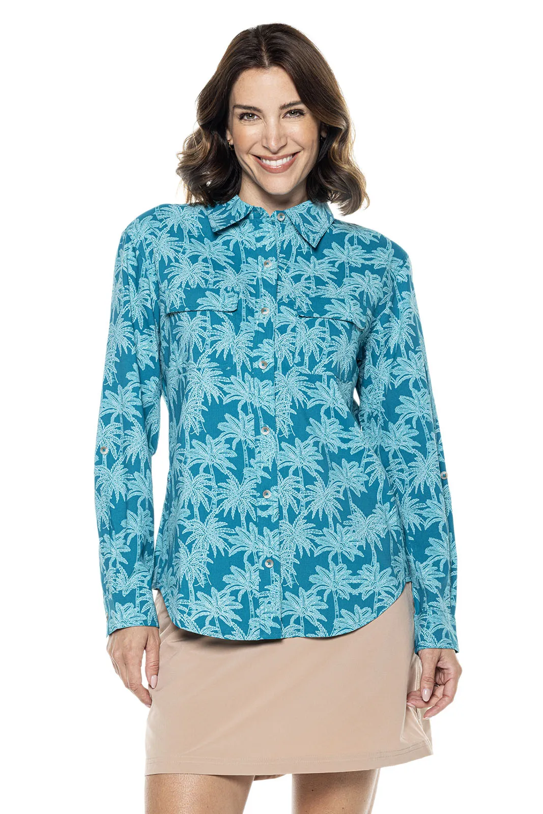 Women's Mylitta Travel Shirt | Tahitian Teal Swaying Palms