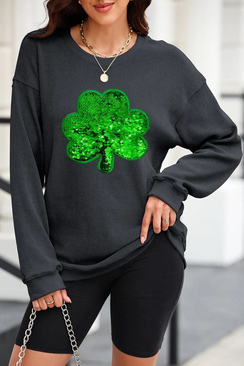 Women's Sequin Embroidered Clover Corded Sweatshirt