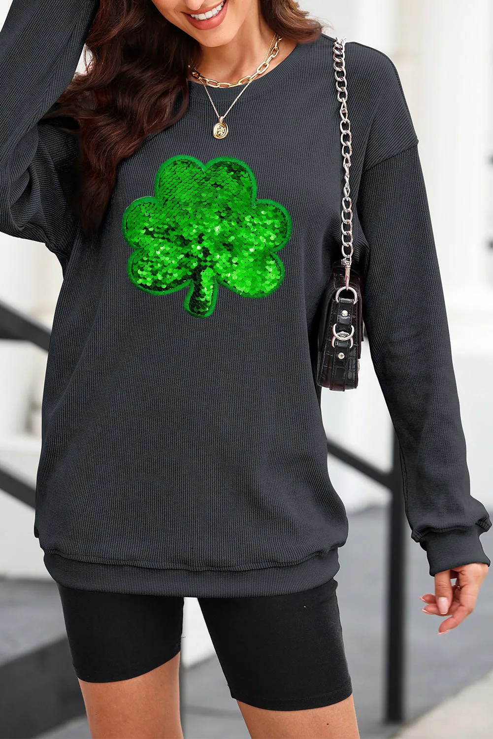 Women's Sequin Embroidered Clover Corded Sweatshirt