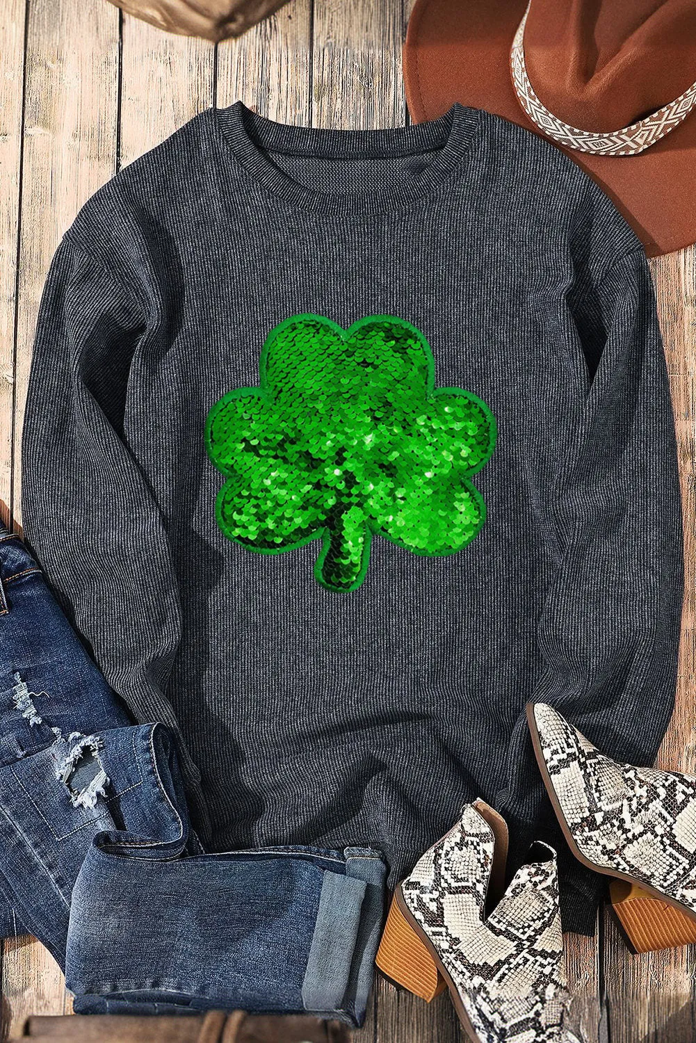 Women's Sequin Embroidered Clover Corded Sweatshirt