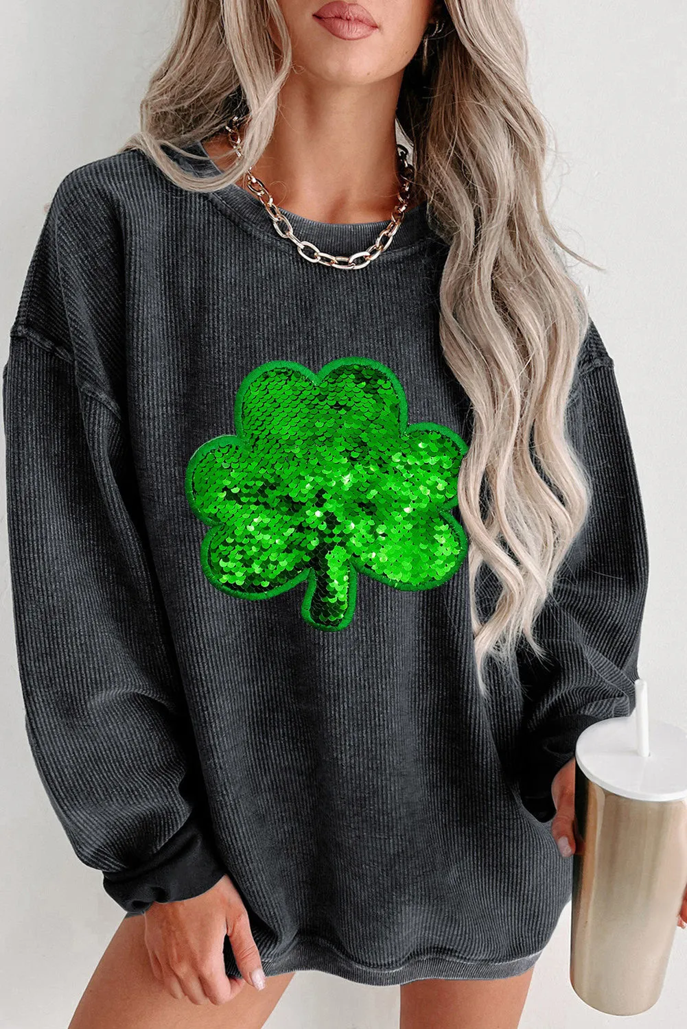 Women's Sequin Embroidered Clover Corded Sweatshirt