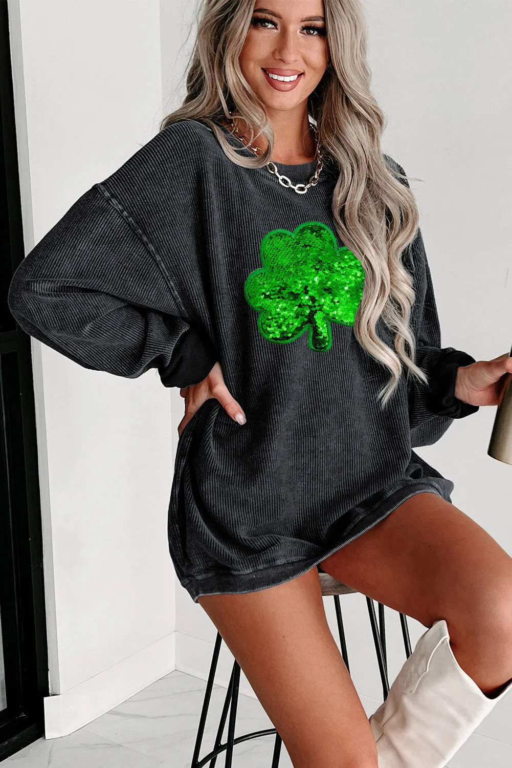 Women's Sequin Embroidered Clover Corded Sweatshirt