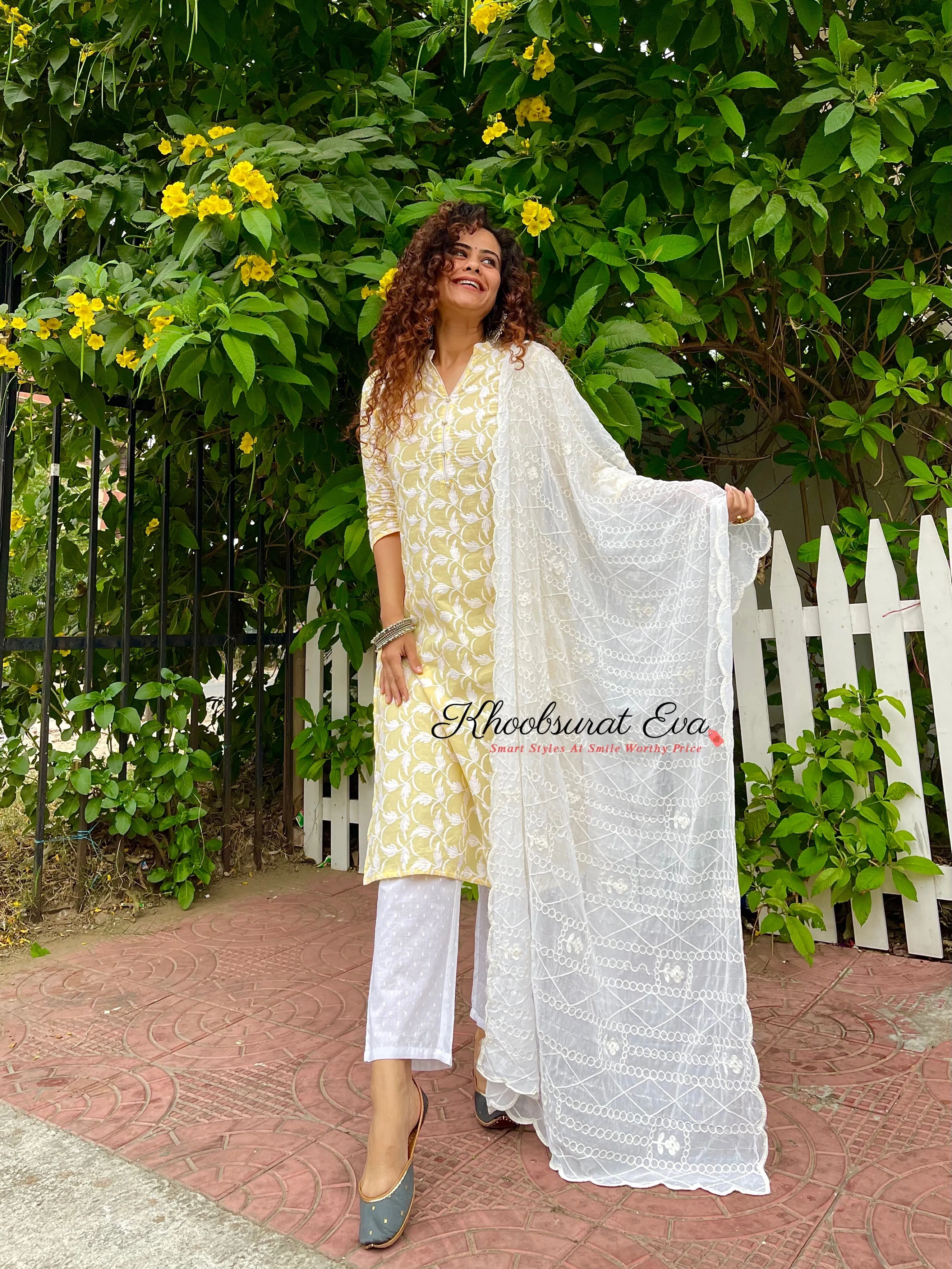 Yellow And White Embroidered Kurta Suit Set