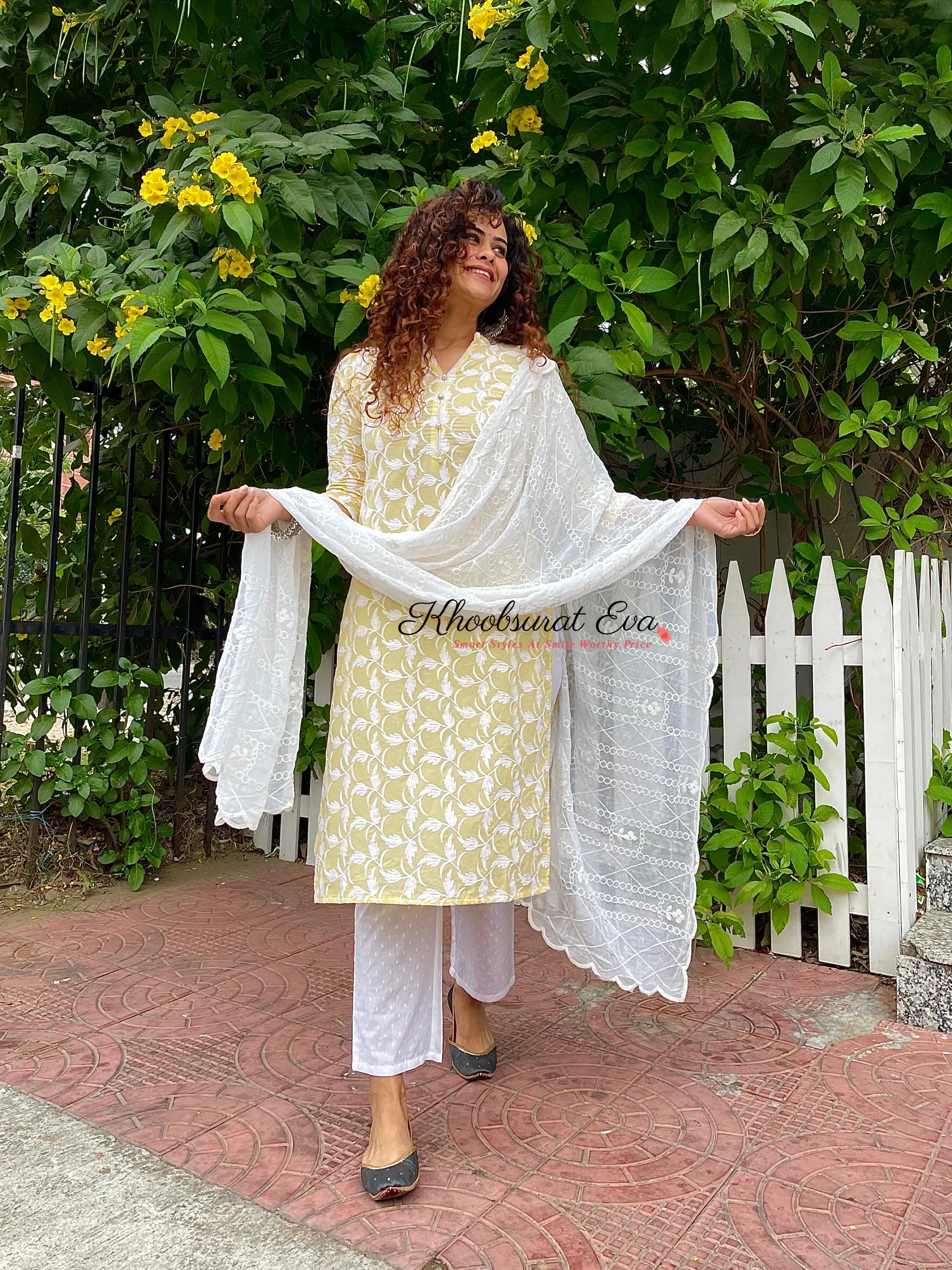 Yellow And White Embroidered Kurta Suit Set